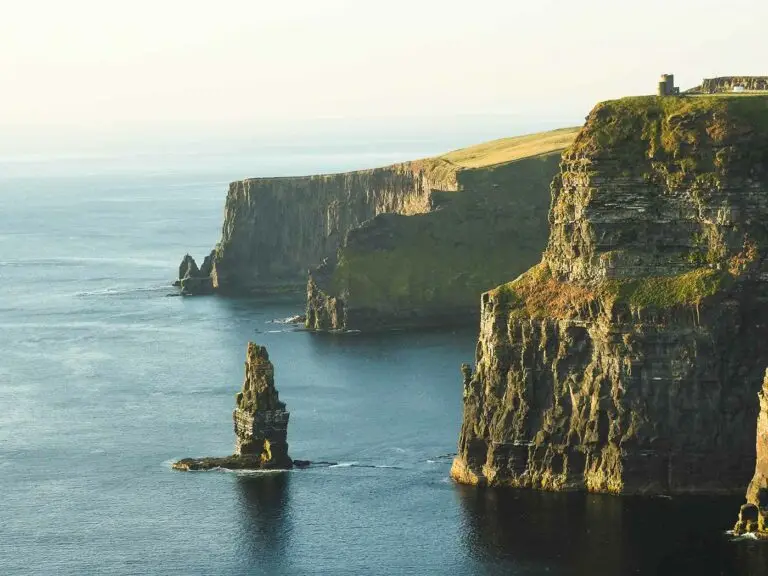 Scenic view of the Cliffs of Moher in Ireland with steep sea cliffs and Atlantic Ocean, popular tourist destination and natural landmark near the Wild Atlantic Way