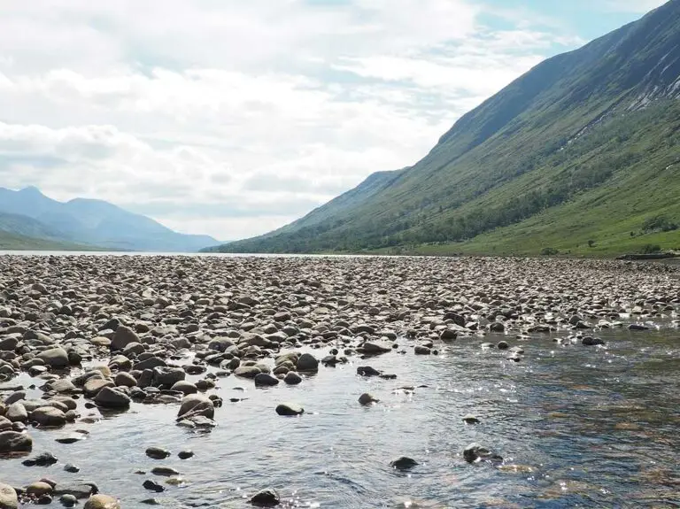 Scenic view of Loch Etive in Scotland with rocky shoreline, calm water, and surrounding green mountains under a partly cloudy sky