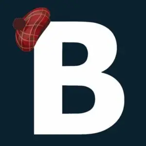 Braw Scottish Tours logo with white letter B wearing a red tartan hat representing Scotland United Kingdom tourism brand