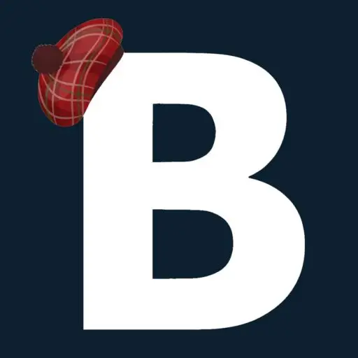 Braw Scottish Tours logo with white letter B wearing a red tartan hat representing Scotland United Kingdom tourism brand