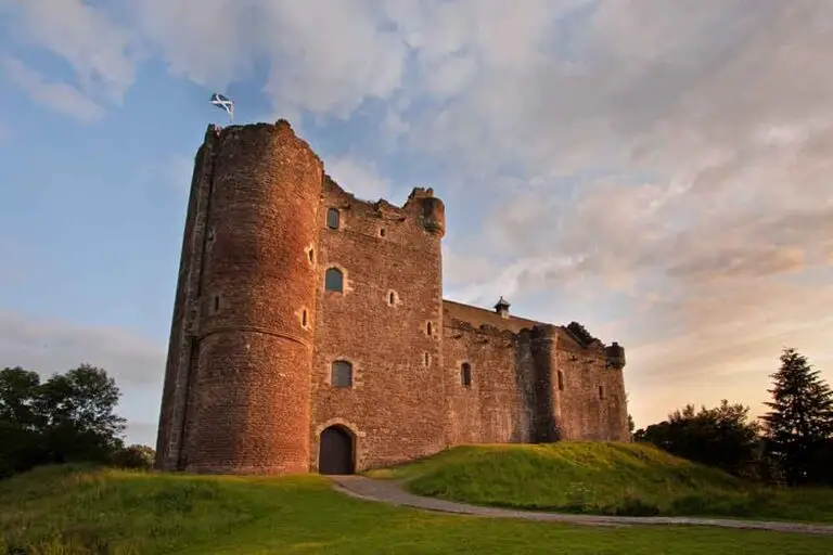 Doune Castle in Scotland at sunset, historic medieval fortress and popular filming location featured on Braw Scottish Tours