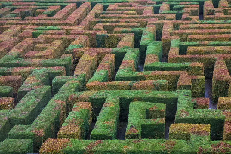 Aerial view of the historic hedge maze at Traquair House in Scotland, showcasing intricate green pathways and popular Scottish tourist attraction.